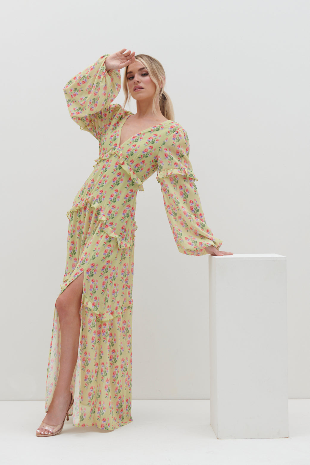 Kalina V Neck Ruffle Maxi Dress - Botanic Floral – Pretty Lavish